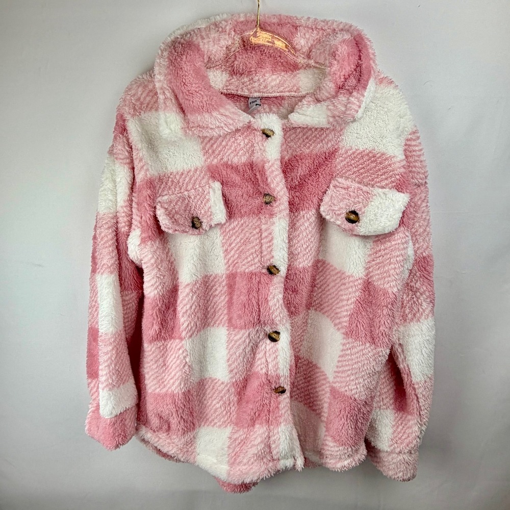 FME Shacket Fleece‎ Jacket Pink White Plaid Sherpa Fuzzy Warm Cozy Cabin Core L